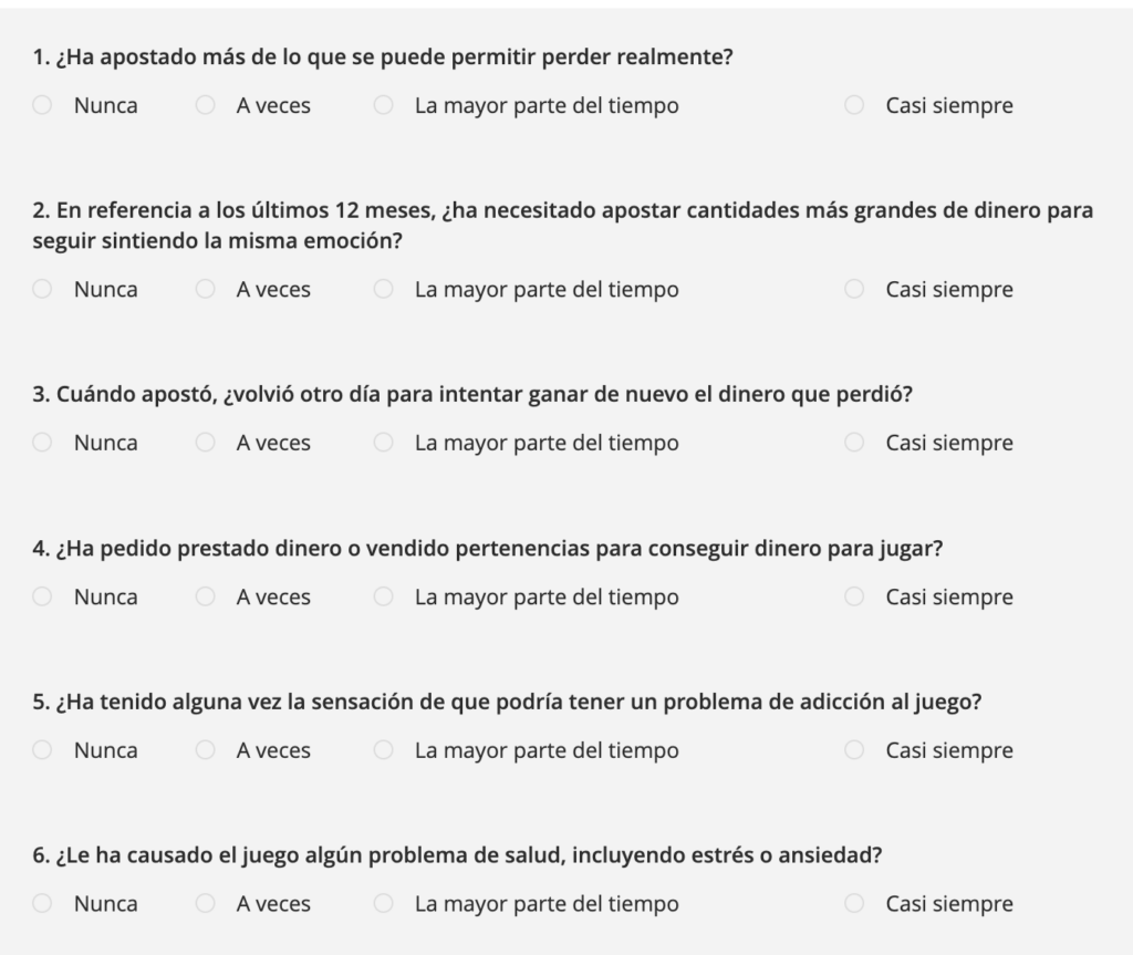 Algunas preguntas del test de autoevaluación en Betsson.