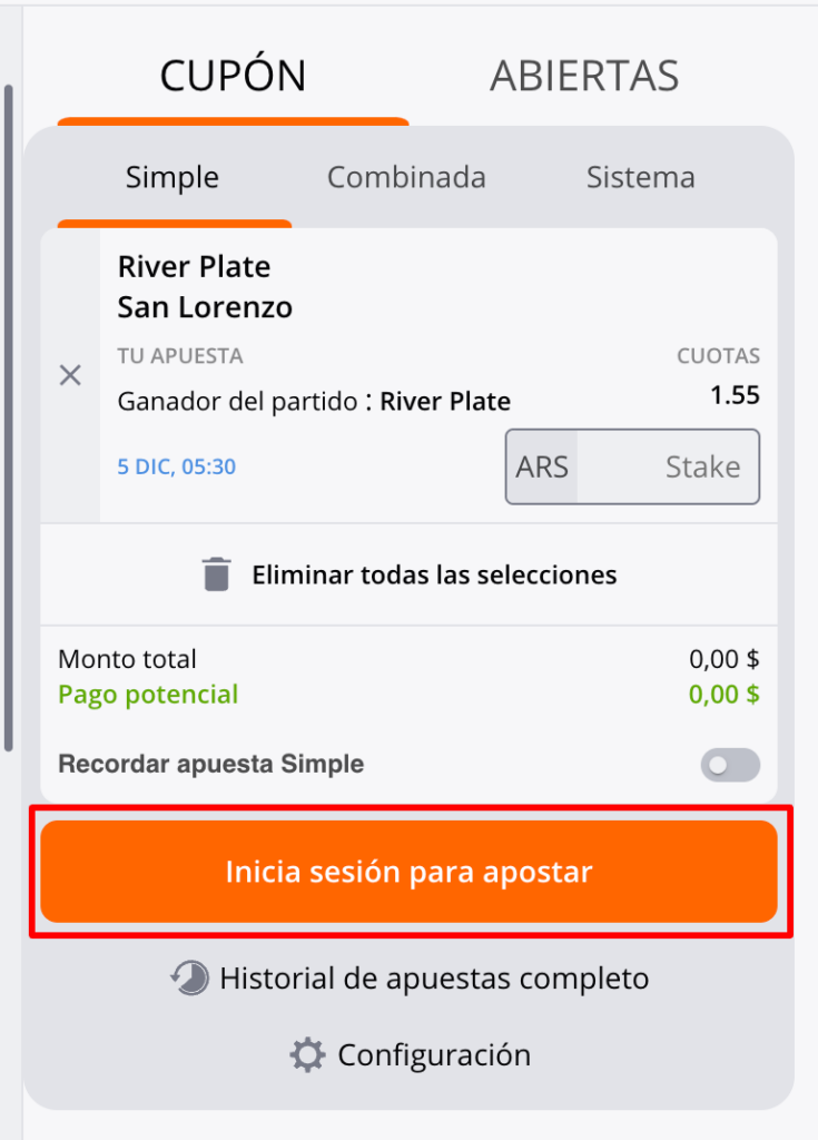 Cupón de apuestas en Betsson Argentina