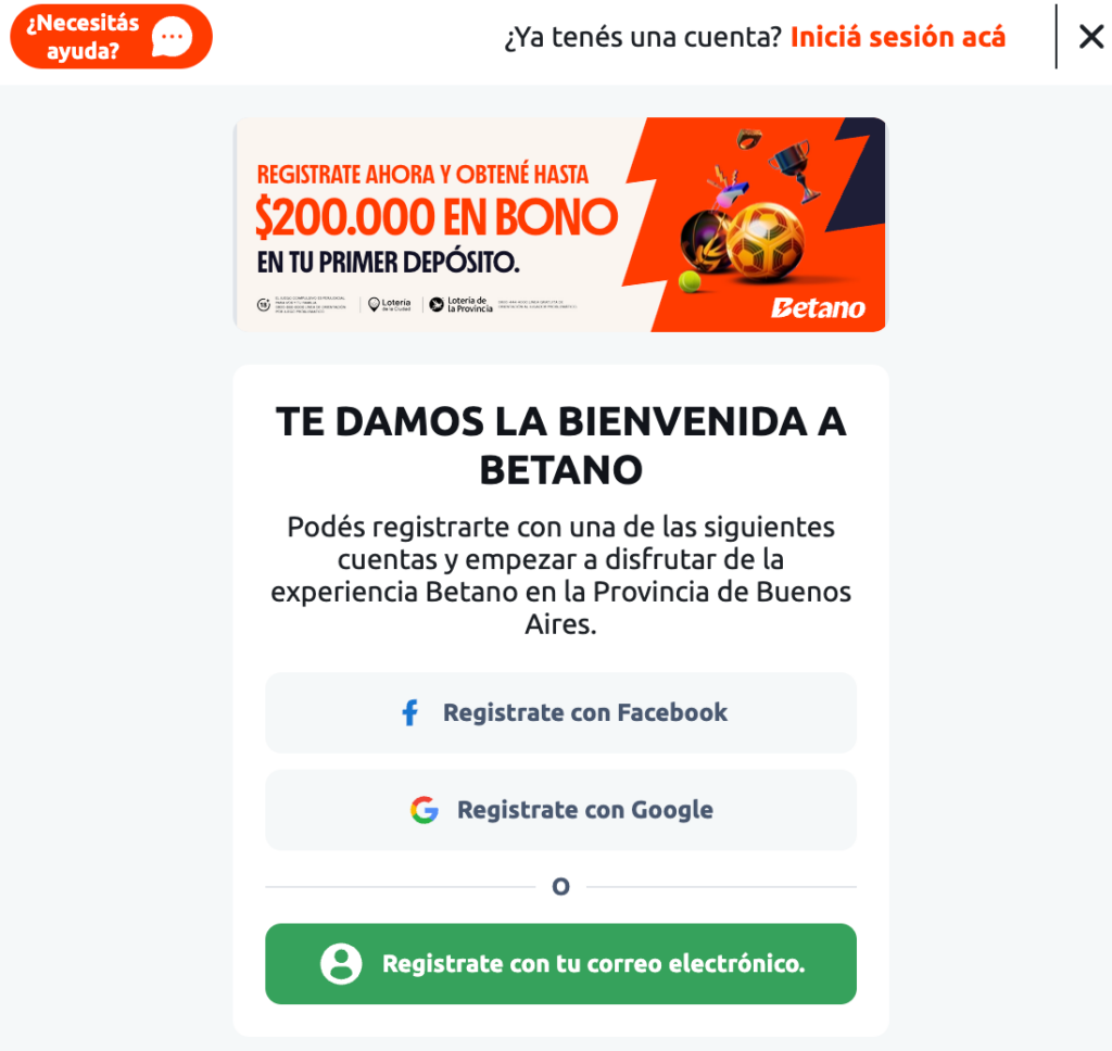 Registrarte con Google o Facebook en Betano