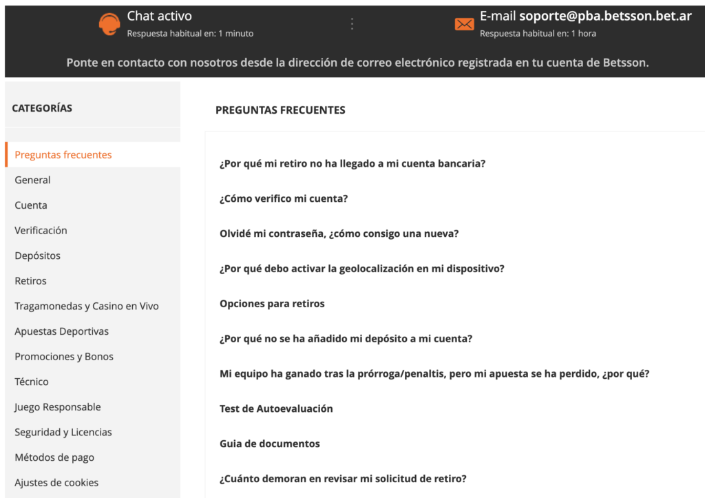 Página de preguntas frecuentes en Betsson Argentina