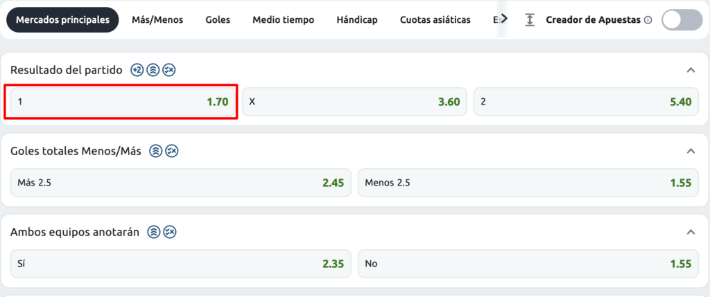 Encontrá el mercado de apuestas que querés y hacé clic en las cuotas.