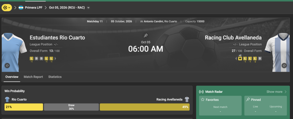 bet365 ofrece un resumen adicional de estad&iacute;sticas clave